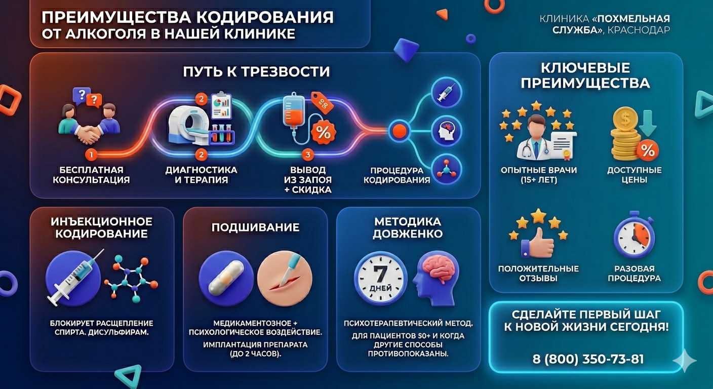 Инфографика о методах кодирования от алкоголя в Вырице: инъекции, подшивание, метод Довженко. Преимущества клиники и этапы лечения.
