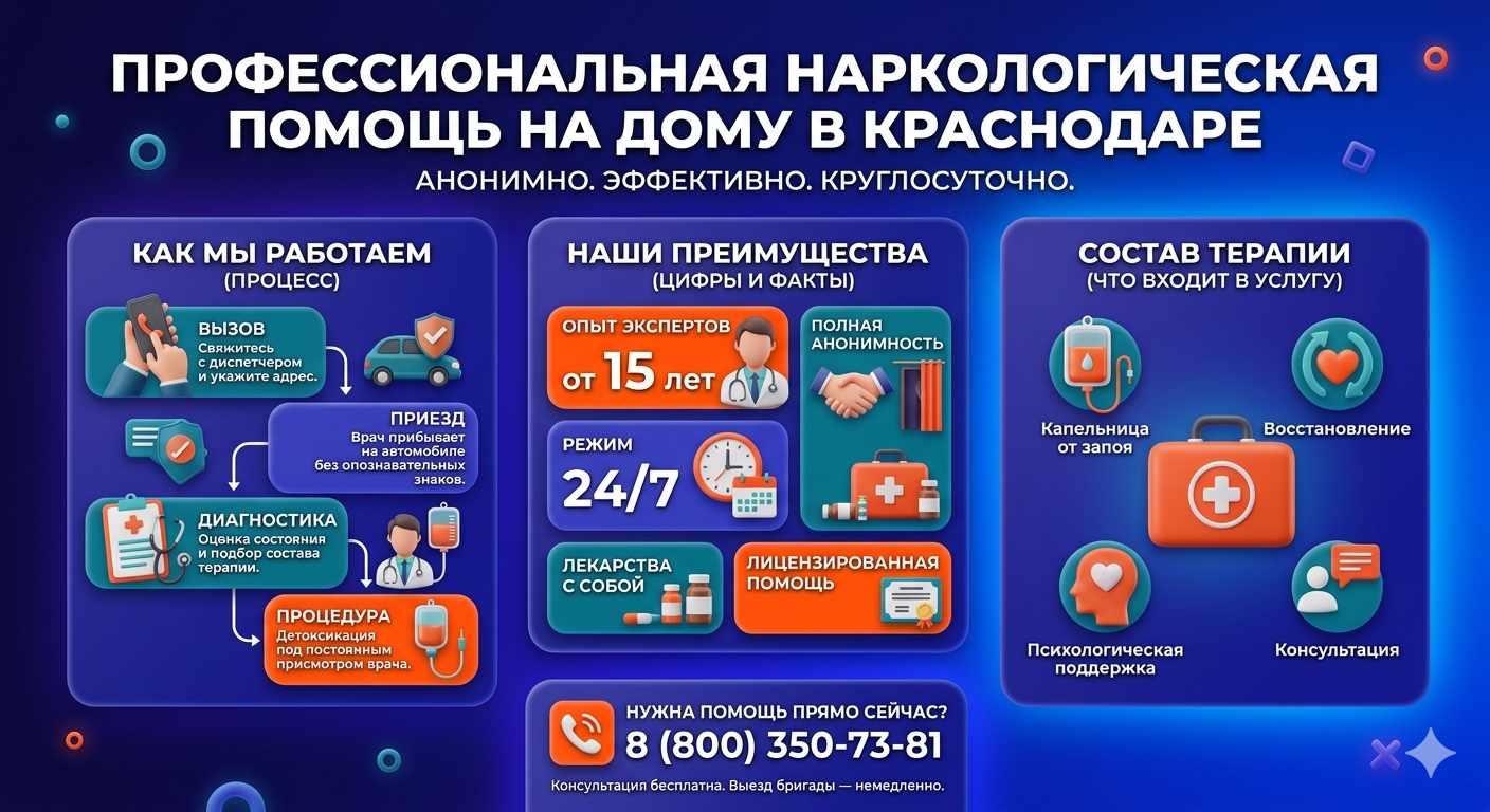 Инфографика о принципах лечения алкоголизма на дому в Вырице: этапы вызова нарколога, преимущества анонимной детоксикации и состав медицинской помощи.